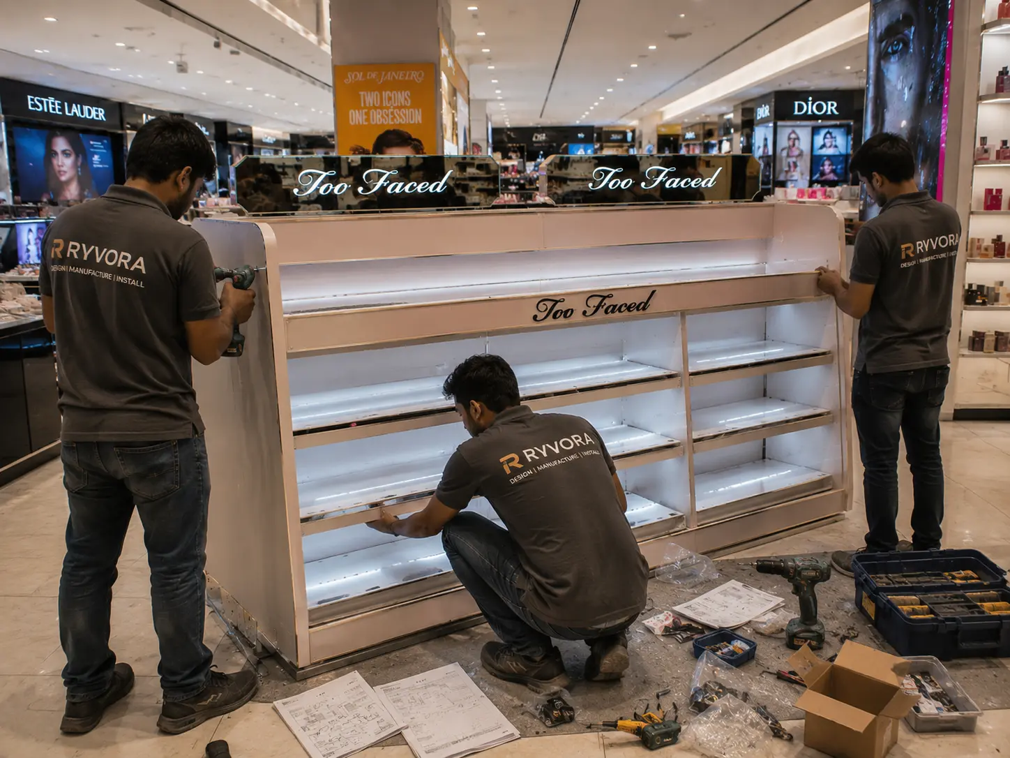 RYVORA team installing a premium retail display